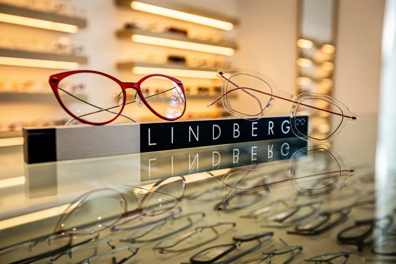Lindberg frames on a lit glass display